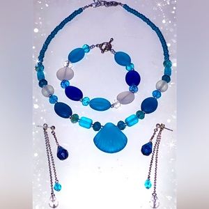 🌊🐚 Blue Sea Glass Shell Jewelry Set